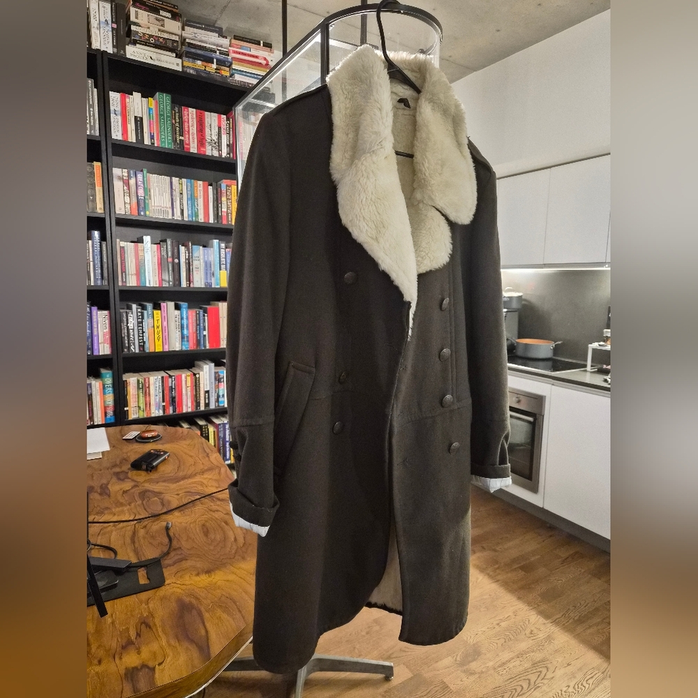 Zara Men's Dark Green Pea Coat with Cream Collar